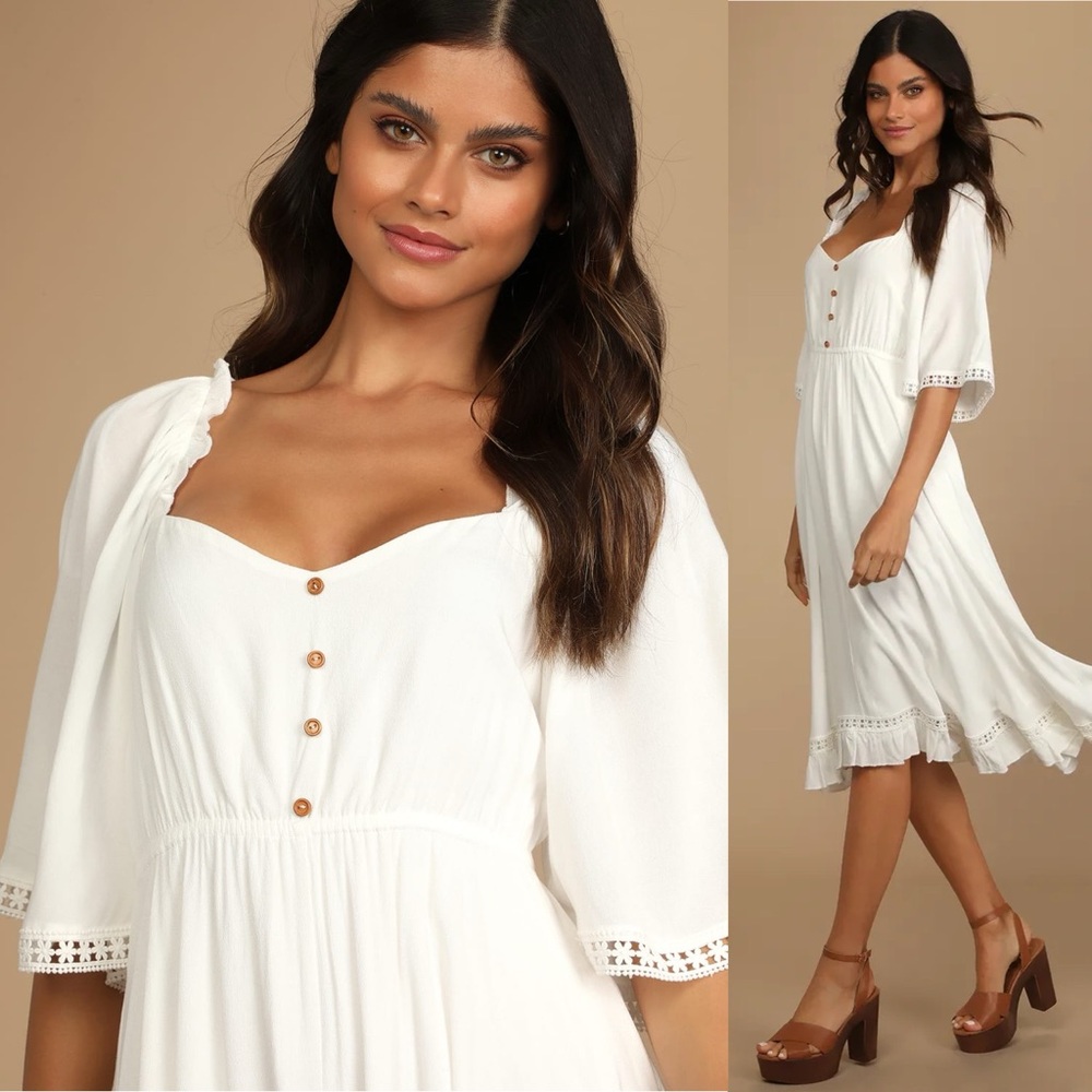 White Sweetheart Wide Three-Quarter Sleeve Handkerchief Dress 🌿 - Picture 4 of 9